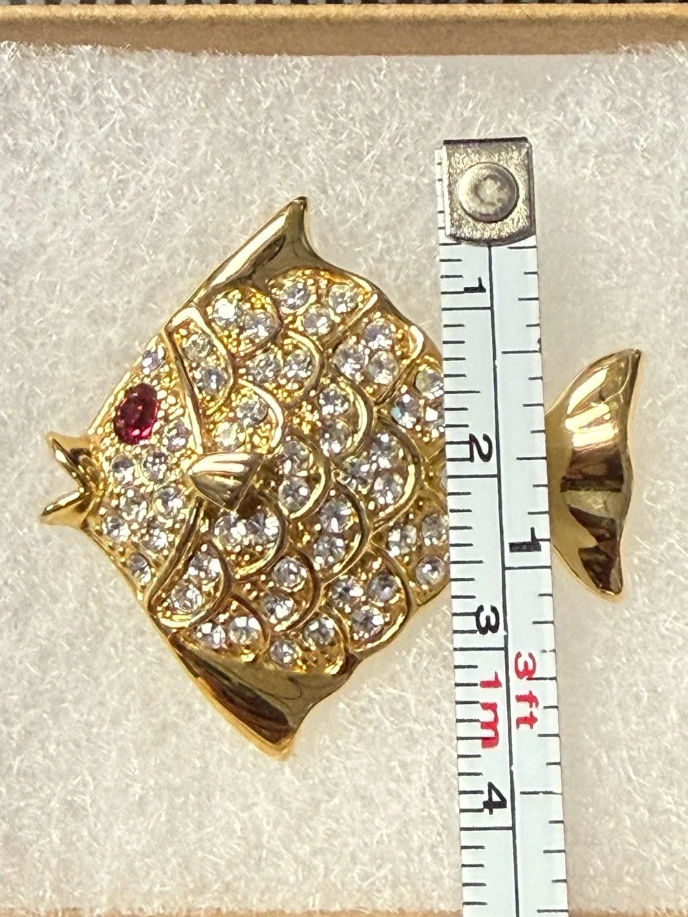 Gold-Tone Fish Brooch Rhinestone Pave Pin - Clear and Red Accents